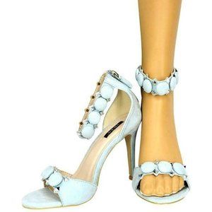 High Heel Shoes, Beaded Studded Strap Eco-Suede Heels by Vices - Baby Blue, 7.5